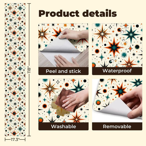 Retro Starburst Peel And Stick Wallpaper Roll With Heavy Duty Self Adhesive Backing For Instant Accent Wall Makeovers showing peel and stick details, washability, and sizes.