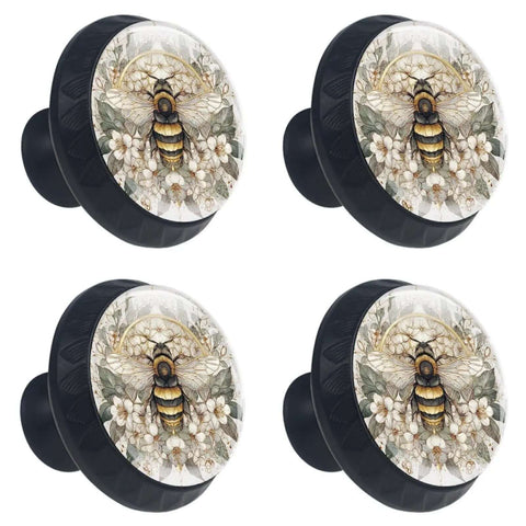 4 Pcs 1.37 Inch Round Cabinet Knobs Floral Bee Design Black Kitchen Cupboard Dresser Drawer Pulls For A Sleek Home Decor