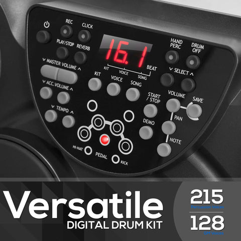 Compact Electronic Digital Drum Kit With Eight Responsive Pads And Kick Pedal Dropping Six Hundred Top Shelf Sounds Usb Midi Integration And Silent Headphone Mode For Night Owl Beat Makers control panel with buttons and display.