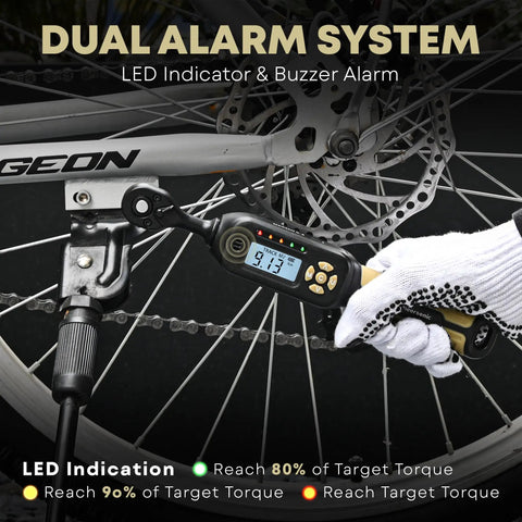 Pro-Grade Digital Torque Wrench 1/4 Drive With LED Display And Buzzer, shown adjusting a bike component.