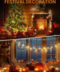 Festive Christmas tree and fireplace adorned with lights, pumpkins on a table with string lights for a cozy festival vibe.