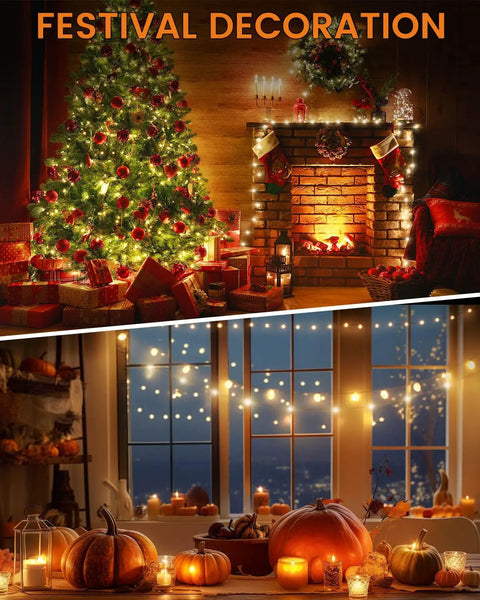 Festive Christmas tree and fireplace adorned with lights, pumpkins on a table with string lights for a cozy festival vibe.