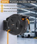 Commercial Grade Retractable Air Hose Reel Featuring Zero Hassle Auto Rewind And Absolutely Kink Free Flex Design Built For Garage Grinders Who Need Dependable High Pressure Pneumatic Pull Power Without The Drama, showing durable 300 PSI air hose.