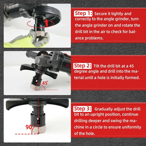 ZKH 3/4-in diamond core tile drill bit, vacuum brazed, 5/8-11 thread, shown in step-by-step install visuals.