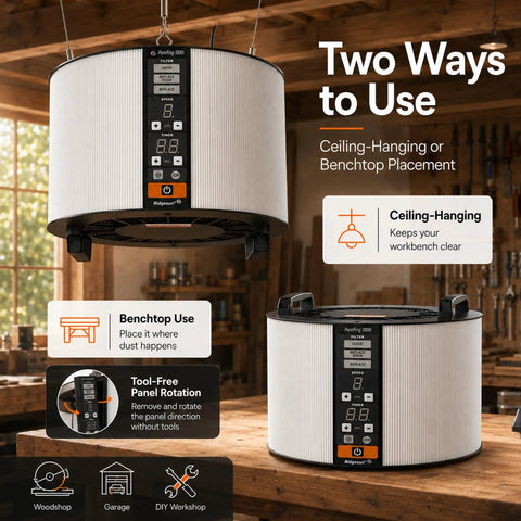 Rock Solid 1040 CFM Shop Air Filtration System With Ring Intake And BLDC Motor features ceiling-hanging and benchtop placement options.