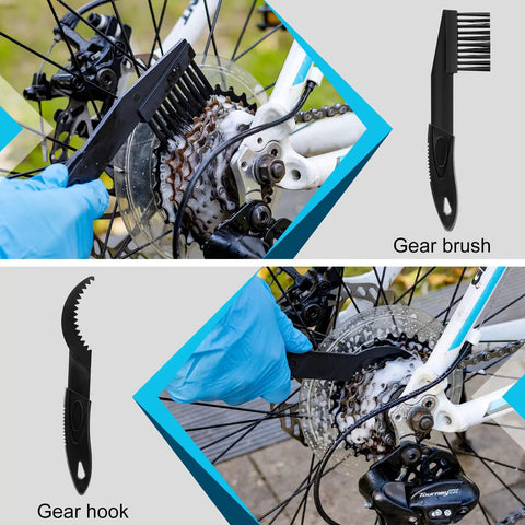 Bike Chain Cleaning Kit With Biodegradable Degreaser, Chain Lube, Cleaning Brush, Gear Gloves And Towel For MTB Road Trail And E Bike Maintenance showing gear brush and hook in use on bike gears.