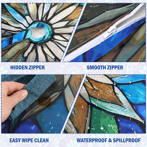 Detail of waterproof Mandala Round Outdoor Tablecloth with umbrella hole zipper for 45 to 53 inch tables, easy clean, spillproof.