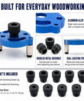 Right On Track Self Centering Dowel Jig Kit With Multiple Size Drill Bushings For Flawless Wood Joinery And Precise Hole Placement Easy Bench Tool showing aluminum body, knurled bushings, and included drill sizes.