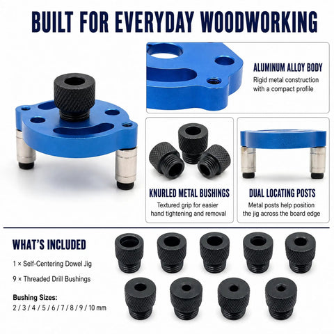 Right On Track Self Centering Dowel Jig Kit With Multiple Size Drill Bushings For Flawless Wood Joinery And Precise Hole Placement Easy Bench Tool showing aluminum body, knurled bushings, and included drill sizes.