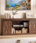 Hella Sturdy Farmhouse TV Stand For 65 Inch TV With Plenty Of Storage Space And Rustic Brown Finish in a living room setup.