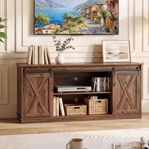 Hella Sturdy Farmhouse TV Stand For 65 Inch TV With Plenty Of Storage Space And Rustic Brown Finish in a living room setup.