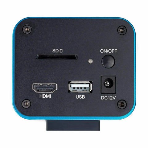 Back view of Auto Focus 1080p HDMI WiFi C Mount Digital Microscope Camera AF202 with ports for HDMI, USB, and SD card.
