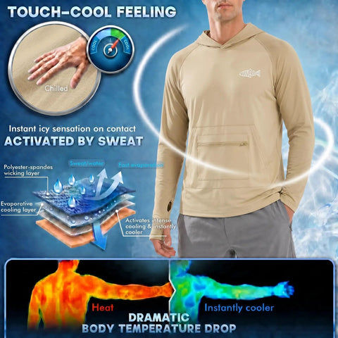 Men's Ice Cool Silky Sun Protection Hoodie UPF 50 Plus Long Sleeve Rash Guard Shirt For Fishing Quick Dry UV Shield displayed