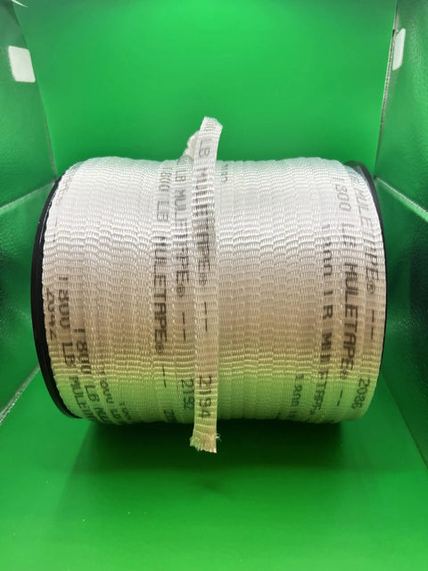9/16 Inch Pull Tape Webbing 825 Feet Long 1800 Lb Tensile Polyester Mule Tape on spool, green background, USA made