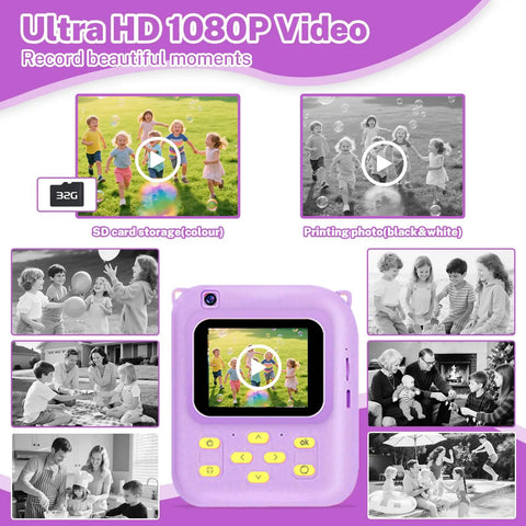 Kid Friendly Instant Print Camera With 1080P Video, Colorful Digital Photos And Black And White Ink Free Thermal Prints, Includes Three Print Rolls, Simple One Button Camera For Little Photographers, Portable Snap And Print Fun, purple front view