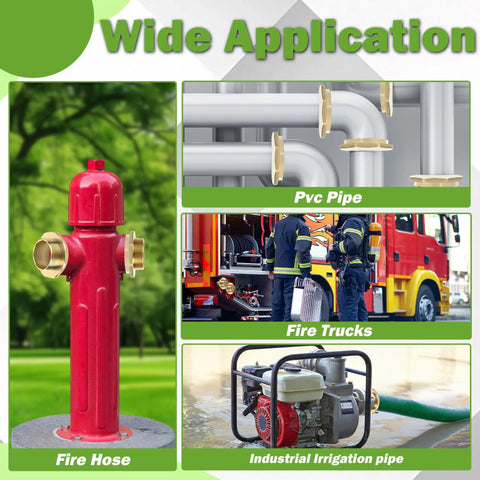 Brass Fire Hydrant Hose Adapter 2-1/2 In NST Male To 2 In NPT Male, Heavy-Duty, Leak-Resistant Octagonal Connector For Hoses, Hydrants, Standpipes And Industrial Water Systems; fire hydrant adapter shown with fire hose