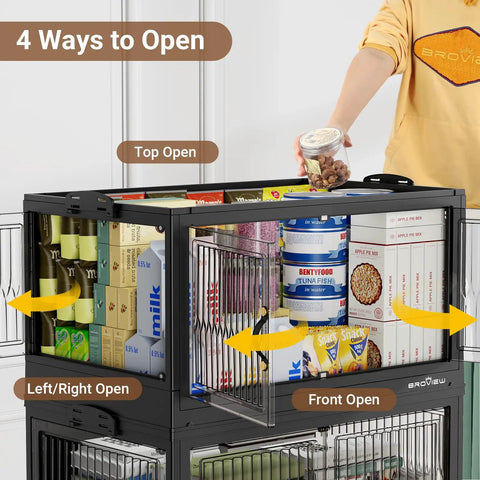Legit Heavy Duty Stackable Storage Bins With Four Dual Access Doors And Three Secure Lids Foldable Plastic Organizers For Huge Closets And Garages Making Your Space Look Amazing, showing four opening methods.