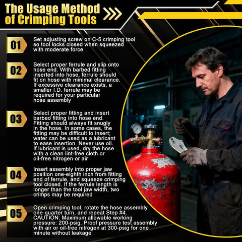 Man using crimping tool with All-In-One Welding Hose Repair Kit With 49 Brass Fittings And Crimper Quick-Connect Barbed Assembly