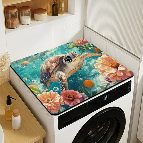 Oceanic Wildlife Washer And Dryer Top Protector Mat with turtle design, waterproof PU leather, 20x24 inches on laundry appliance