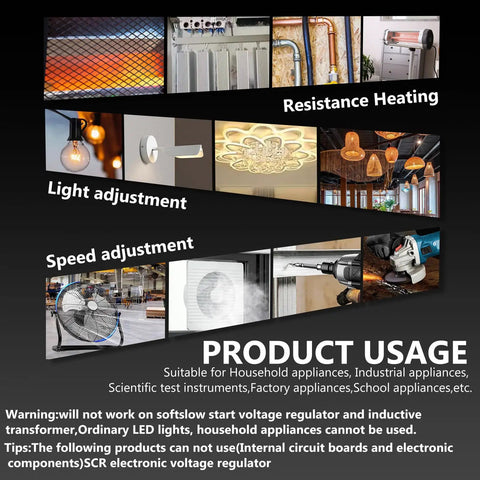 Image showing various uses for AC 120V 15A Speed Controller Regulator For Router, Fan, And Polishing Machines With 4000W Capacity