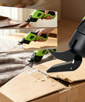 Cordless Electric Fabric Scissors With Rechargeable Power Shears cutting through fabric and cardboard with precision grip.
