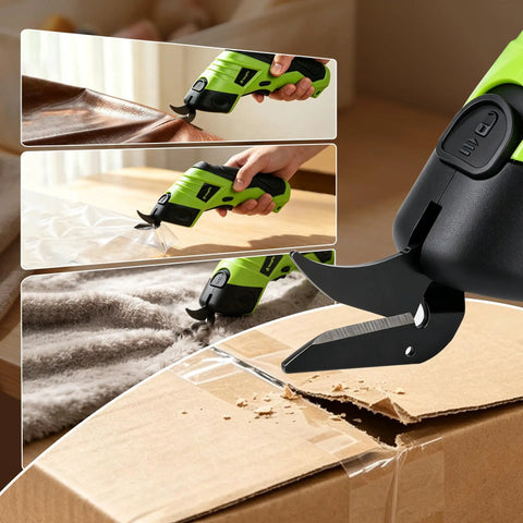 Cordless Electric Fabric Scissors With Rechargeable Power Shears cutting through fabric and cardboard with precision grip.