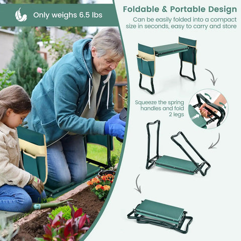 Foldable Garden Kneeler And Seat With 8 Inch Wide EVA Foam Pad, Heavy Duty Garden Stool With Two Big Tool Pouches being used