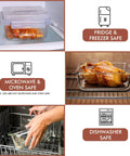 Beast Mode Massive 2700ml Glass Storage Container with Lids showcasing oven and dishwasher safety features.