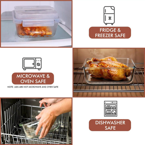 Beast Mode Massive 2700ml Glass Storage Container with Lids showcasing oven and dishwasher safety features.