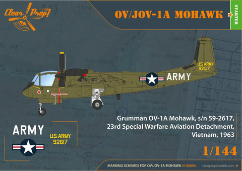 1/144 OV-1 Mohawk Military Aircraft Model Kit Starter Kit With 69 Plastic Parts Easy To Assemble Length 86.5 Millimeters Wingspan 88.9 Millimeters Ideal For Collectors And Hobbyists Chasing A Realistic 1/144 Scale Aviation Build shown on a box with army design and specifications.