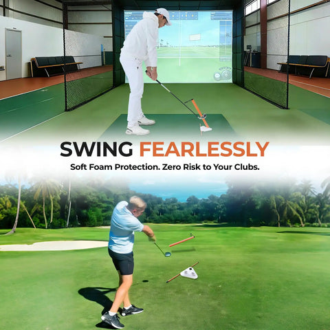 Golfer practicing with Visual Lock Golf Training Aid With Instant Visual Feedback For Head Stability And Swing Plane Mastery Stop Swaying And Slices For Driver And Irons For Real Results