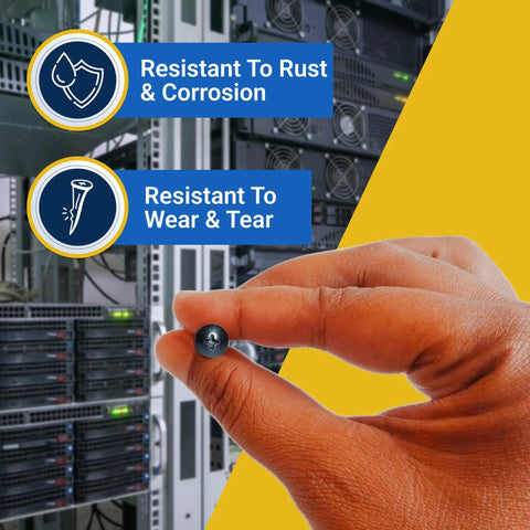Hand holding a Top Shelf Drywall Screw, showcasing rust and corrosion resistance, in a technology environment.