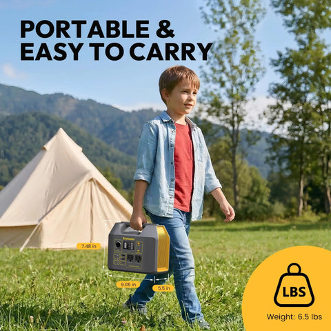 Child holding Portable Power Station With 300W Solar Generator And Two 110V Pure Sine Wave Outlets 296Wh Pack in a scenic camping area.