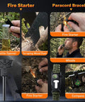 Survival Gear Kit for Men With 27 In 1 Complete Tools featuring fire starter, paracord bracelet, whistle, compass, and more in use