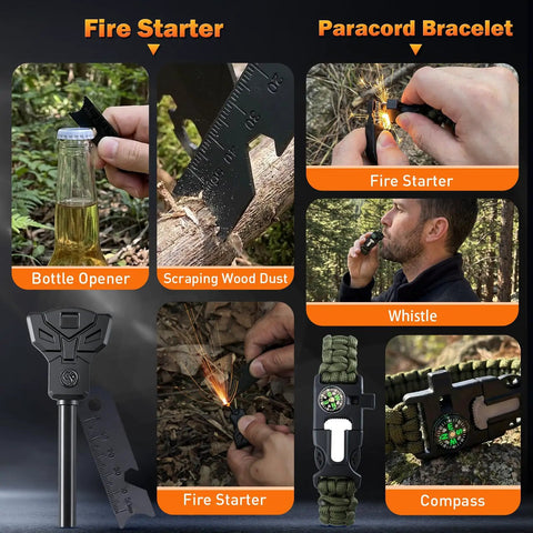 Survival Gear Kit for Men With 27 In 1 Complete Tools featuring fire starter, paracord bracelet, whistle, compass, and more in use
