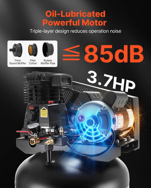 VEVOR 60 Gallon Air Compressor 3.7HP Belt Driven Oil Lubricated Tank 155PSI Max Pressure 8 SCFM Heavy Duty Industrial Grade Powerful Pump For Workshops And Auto Repair Shops No Plug Required Great Deal