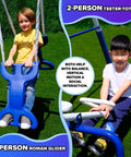 Kids enjoying the Heavy Duty Outdoor Metal Swing Set with 2-person teeter-totter and Roman glider in a backyard setting.