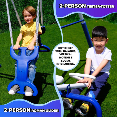 Kids enjoying the Heavy Duty Outdoor Metal Swing Set with 2-person teeter-totter and Roman glider in a backyard setting.