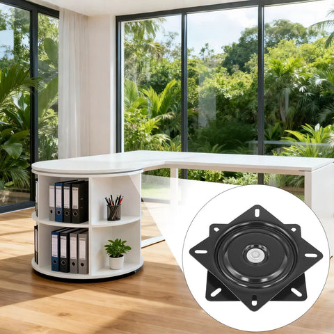 Four Pack Seven Inch Heavy Duty Swivel Plates Built Different For Smooth 360 Rotation On Bar Stools And Recliners With Premium Ball Bearing Mount That Rolls Like A Dream displayed in modern office setting.