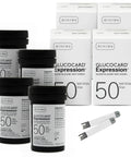 GlucoCard Expression Blood Glucose Test Strips No Coding, Tiny 0.8 Microliter Sample, 200 Count Pack, black containers, white boxes