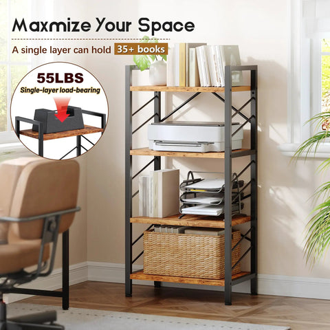 Four Tier Slim Bookshelf For Narrow Spaces Rustic Brown Faux Wood Wall Storage Rack Built For Tight Spots And Tiny Apartments Compact Floor Shelf Organizer Unit