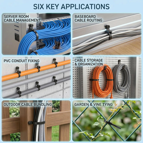 Six key applications of 100 Pack Eight Inch Black Zip Ties With Screw Hole And M4 Screws, cable management uses