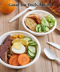 Heavy Duty 12 Oz Disposable Paper Bowls, 150 Pack, Biodegradable Compostable Sugarcane Bagasse with salads and utensils