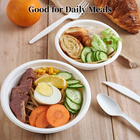 Heavy Duty 12 Oz Disposable Paper Bowls, 150 Pack, Biodegradable Compostable Sugarcane Bagasse with salads and utensils