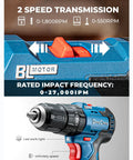 Heavy Hitter 20V Brushless Impact Drill Generating 443 In Lbs Torque And 27000 Ipms 1 2 Inch Keyless Metal Chuck showing 2-speed transmission switch.