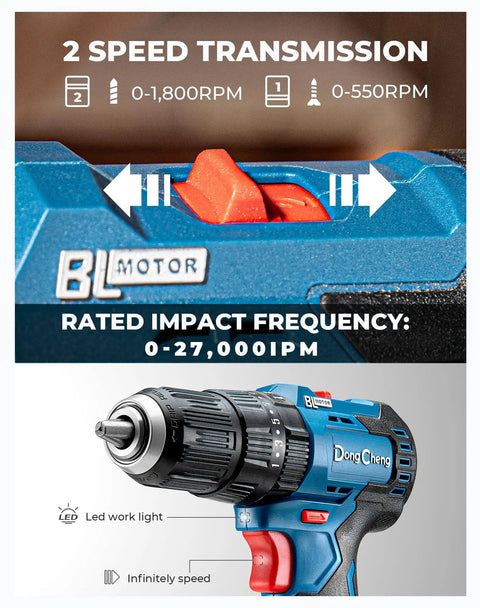 Heavy Hitter 20V Brushless Impact Drill Generating 443 In Lbs Torque And 27000 Ipms 1 2 Inch Keyless Metal Chuck showing 2-speed transmission switch.