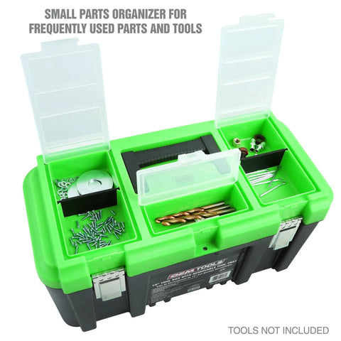 19 Inch Tool Box With Removable Tray And Beefy Handle, Large Plastic Tool Box With Multiple Compartments, Portable Storage Case With Padlock Security Slot, Built To Fit Hand Tools, Power Tools And Fasteners, 40 Lb Capacity open with compartments