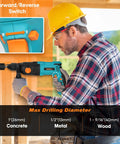 Beast 1 Inch SDS Plus Heavy Duty Rotary Hammer Drill 900W in use on wood with forward/reverse switch detail.