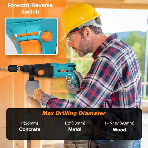 Beast 1 Inch SDS Plus Heavy Duty Rotary Hammer Drill 900W in use on wood with forward/reverse switch detail.