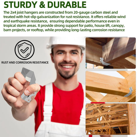 Worker holding 30 Pack 2x4 Joist Hangers And Rafter Brackets Built From 20 Gauge Carbon Steel With Hot Dip Galvanized Finish